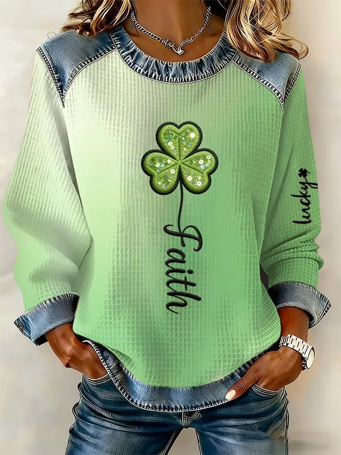 Women's Casual St Patrick's Day Print Waffle Sweatshirt 