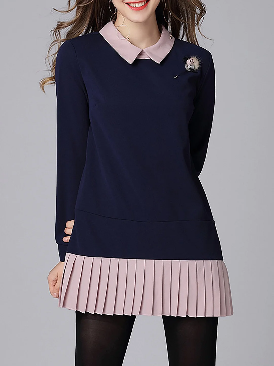 Navy Blue Long Sleeve Solid Tunic