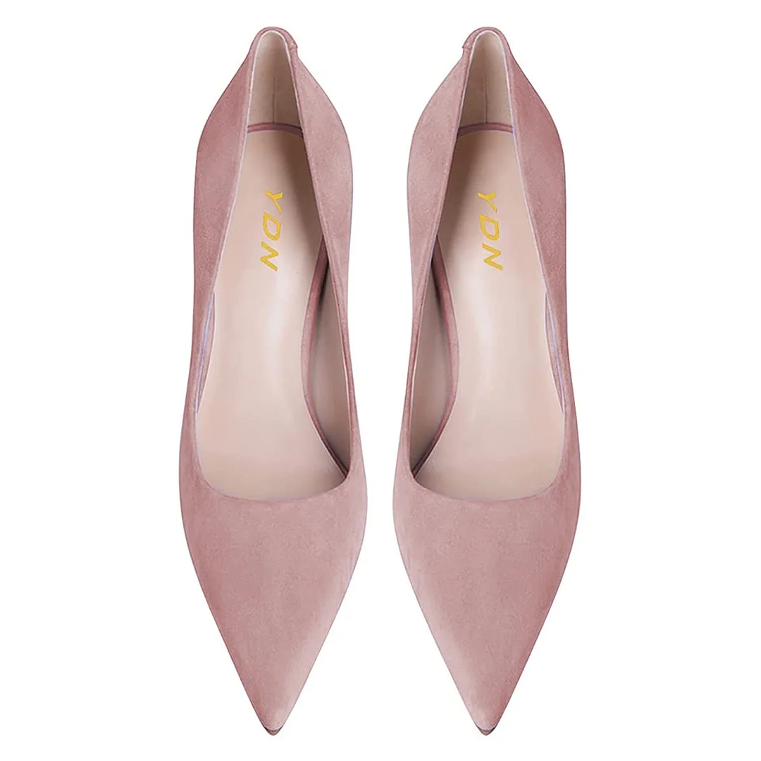 Vegan Suede Pointed Toe Flared Heel Pumps Shoes in Light Pink