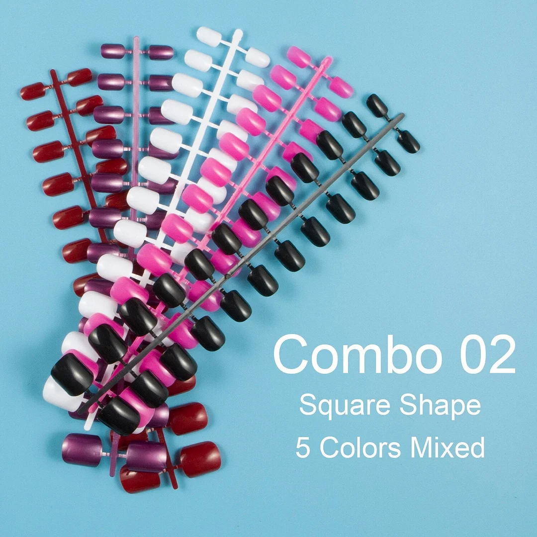 24 Pieces/Set, 5 Sets Mixed Colors Short Square False Nail Tips Press on Fake Nail Tips 10 Sizes Full Cover Nails Combo 09-Nail Inspo