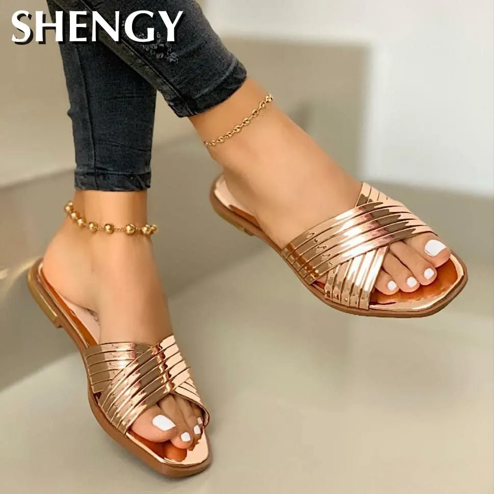 2020 Ladies Slippers Beach Summer Shoes Bling Gold Female Flat Slides Outdoor Women Shoes Casual Ladies Sandals Plus Size 35-43