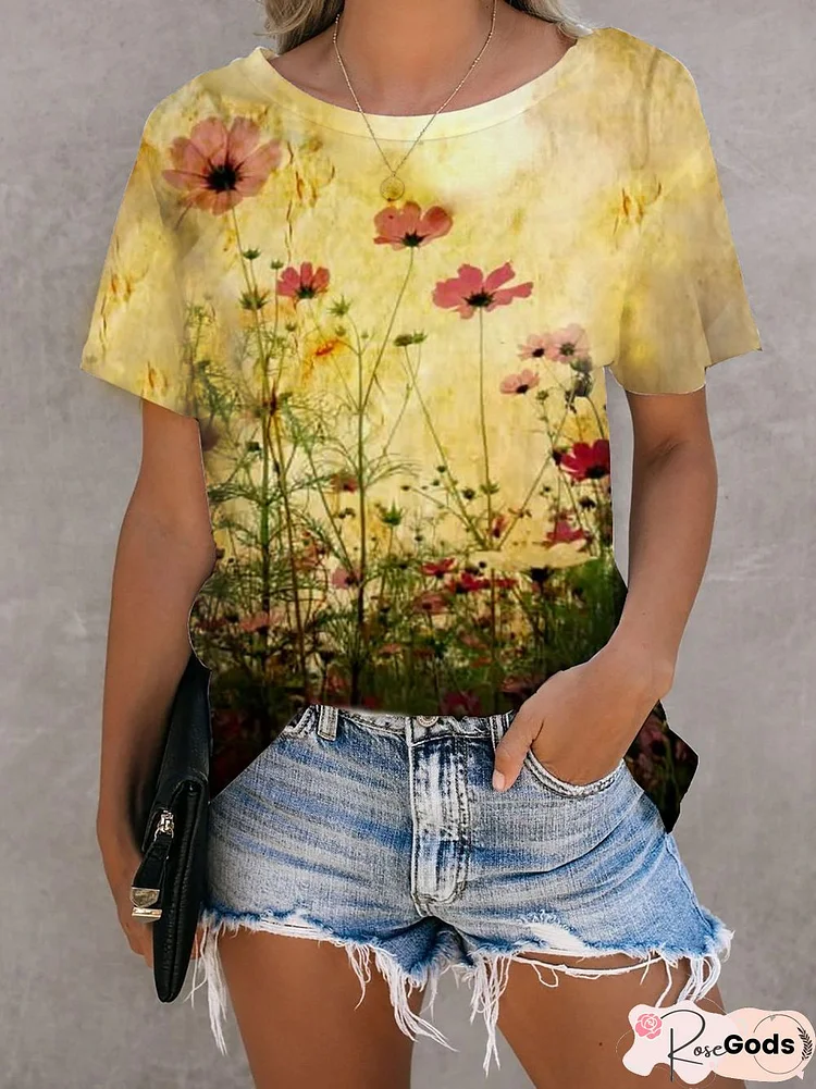 Floral Printed Casual Cotton T-Shirt