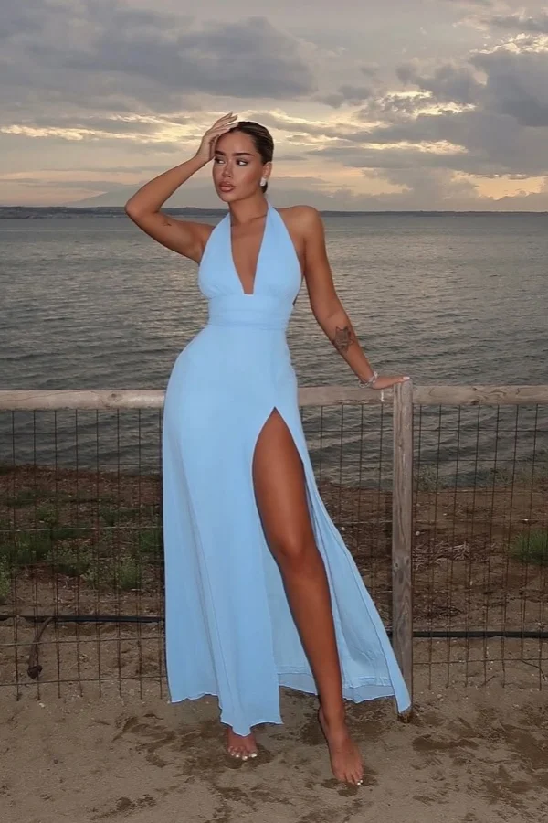 Glamorous Sky Blue Chiffon Summer Halter Split Prom Dress ZT0671