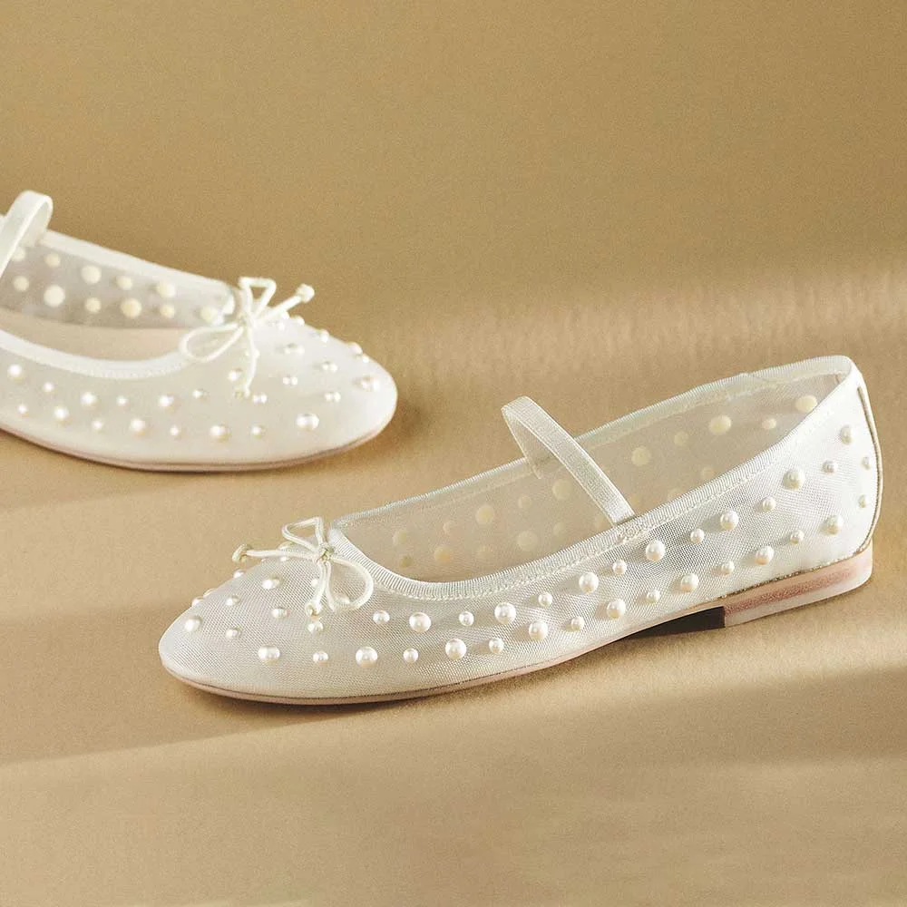 White Mesh Round Toe Buckled Strappy Pearl Embellished Mary Jane Flats Nicepairs