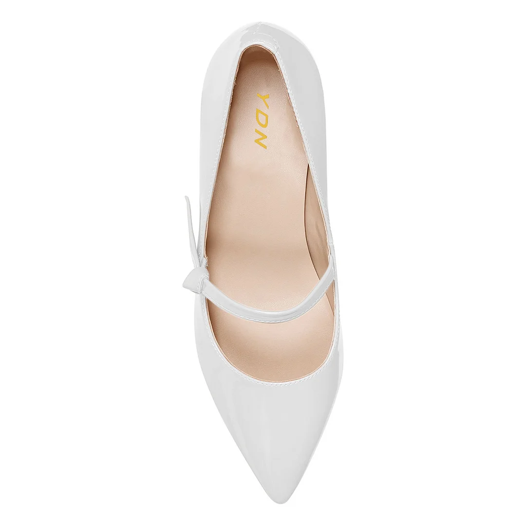 Patent Leather Pointed Toe Kitten Heeled Mary Janes in White