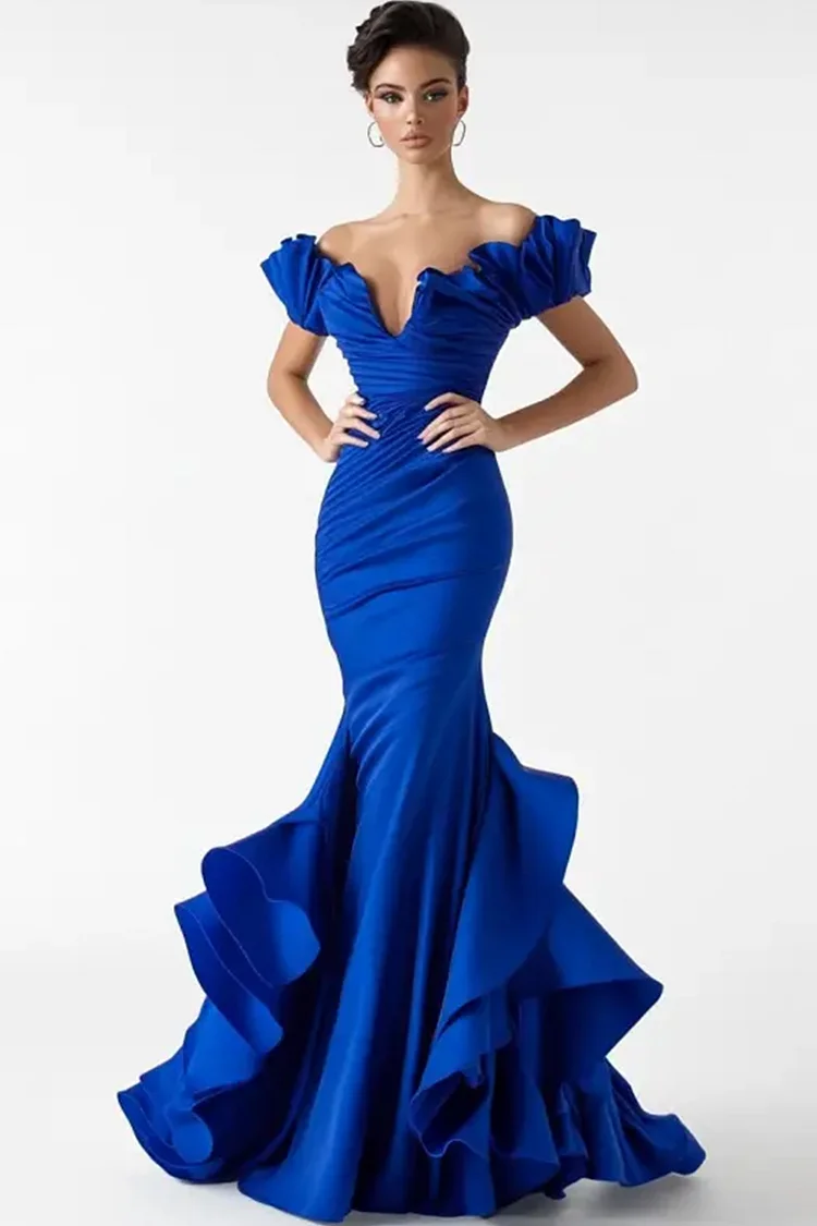 Off The Shoulder Ruffle Mermaid Maxi Dress-Royal Blue [Custom-Made]