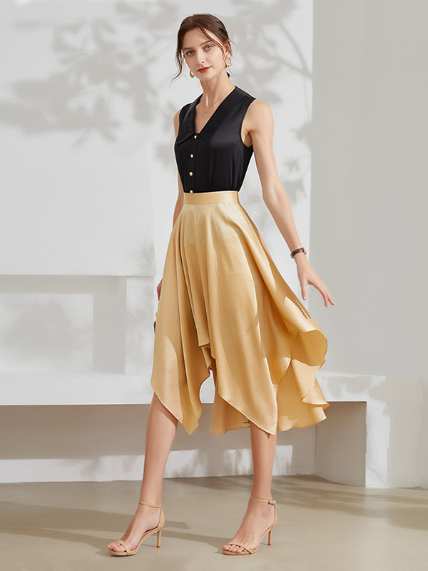 A-line Irregular Hem Gold Silk Skirt