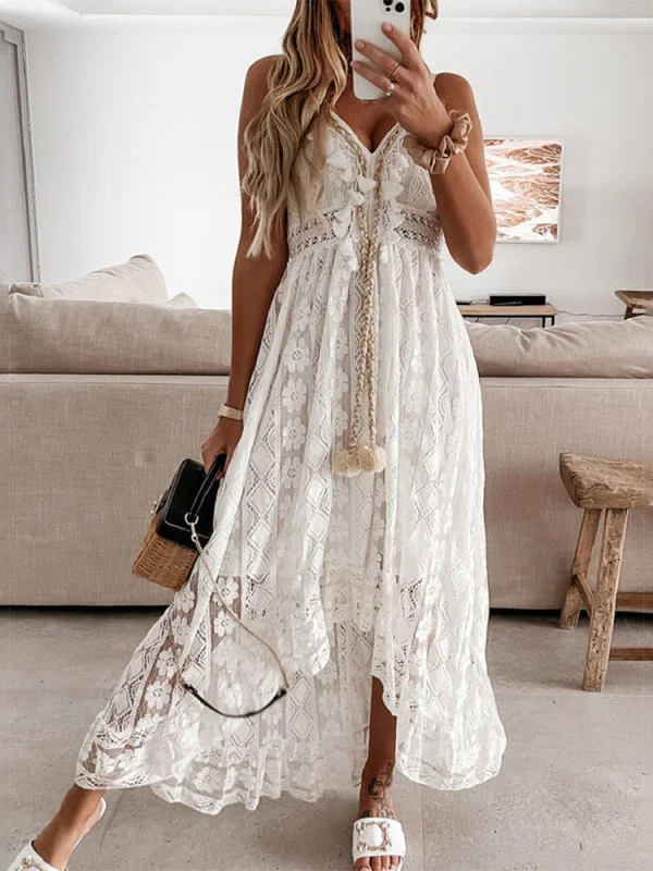 Vacation V Neck White Lace Irregular Dress