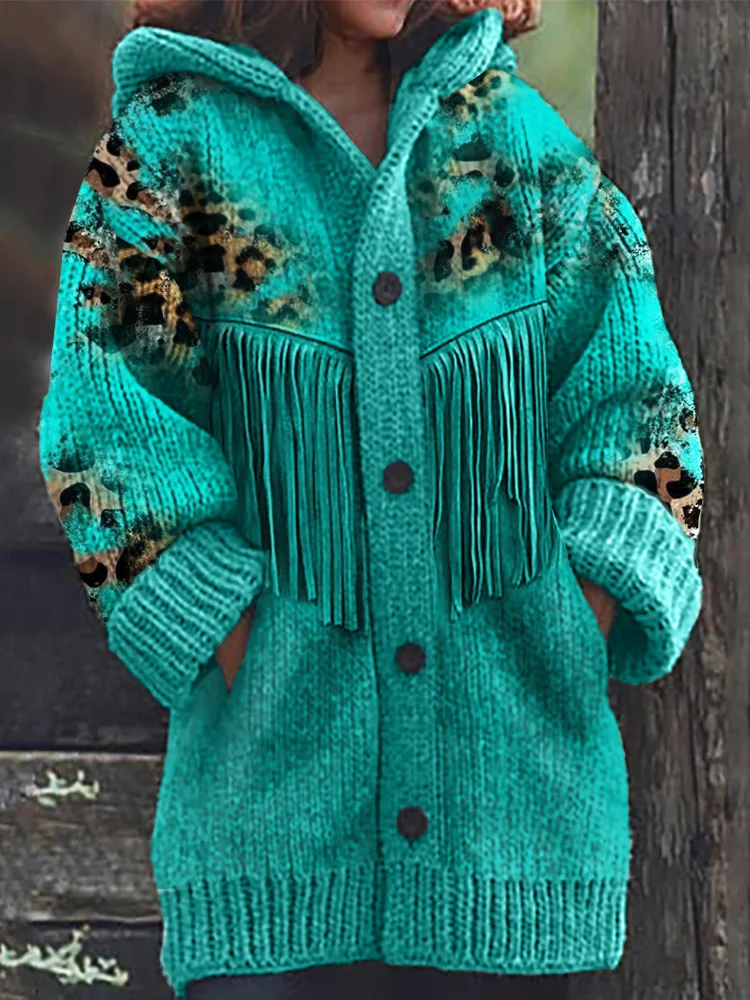 Leopard Cowhide Turquoise Fringe Cozy Hooded Cardigan