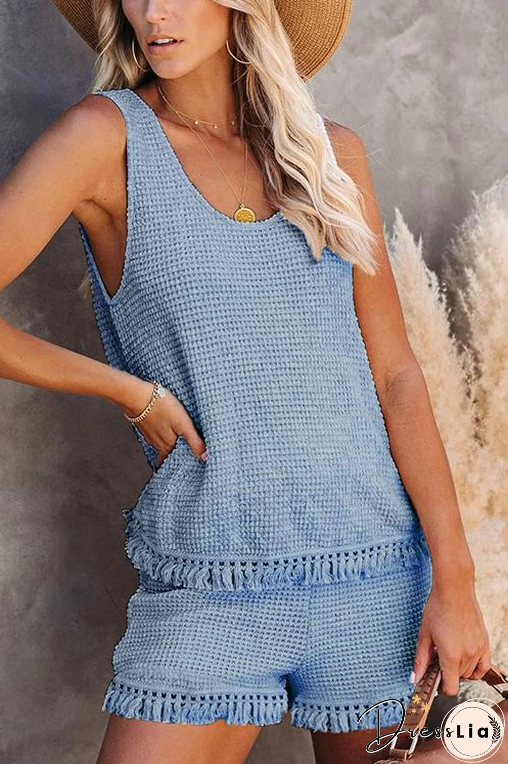 Knit Tassels U Neck Blouse Shorts Set