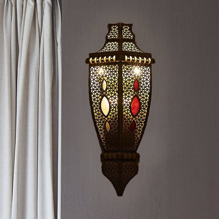 2-Bulb Wall Sconce Lamp Arab Style Hollow Out Metallic Wall Flush Mount Light in Black