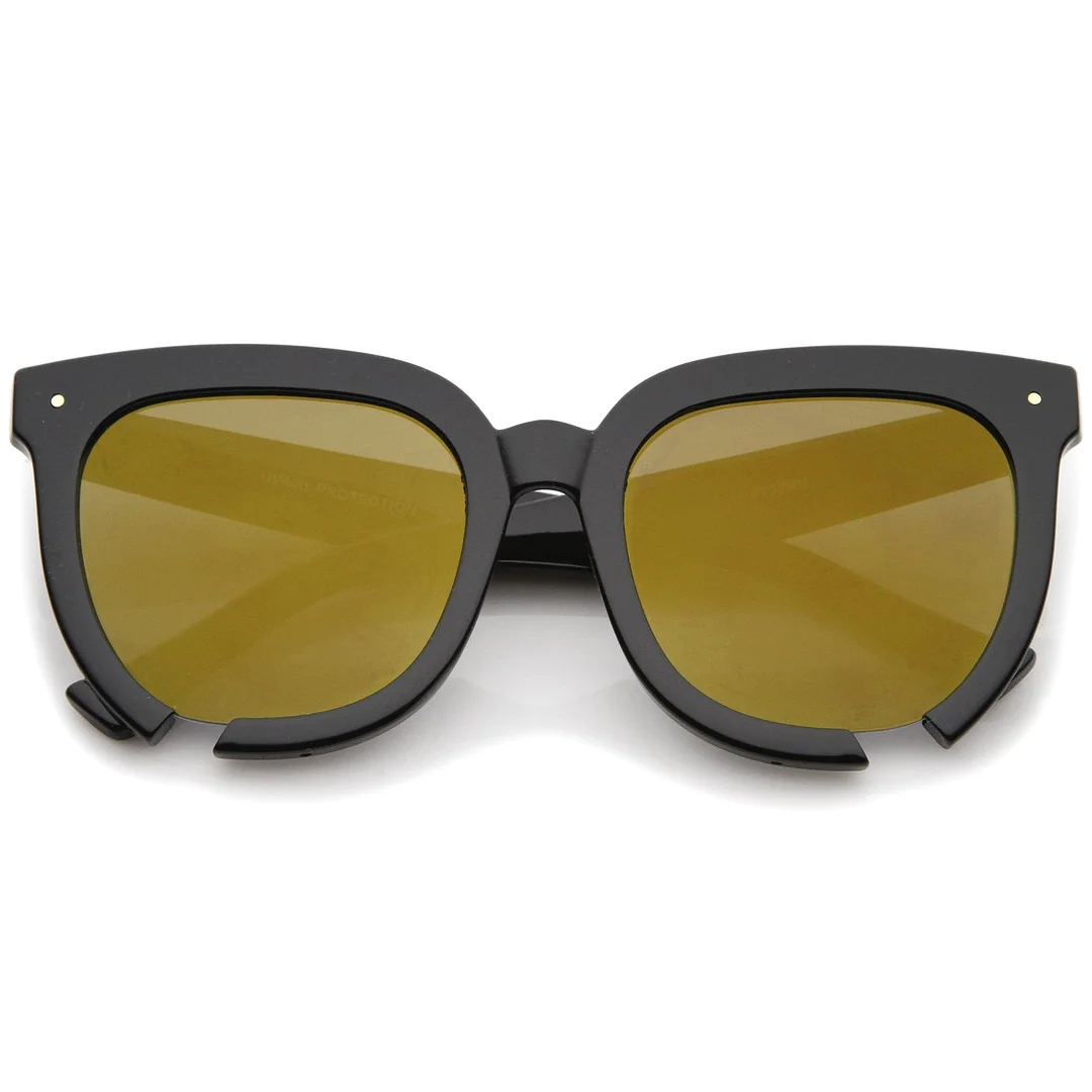 Oversize Notch Detail Square Colored Mirror Flat Lens Horn Rimmed glasses 54mm