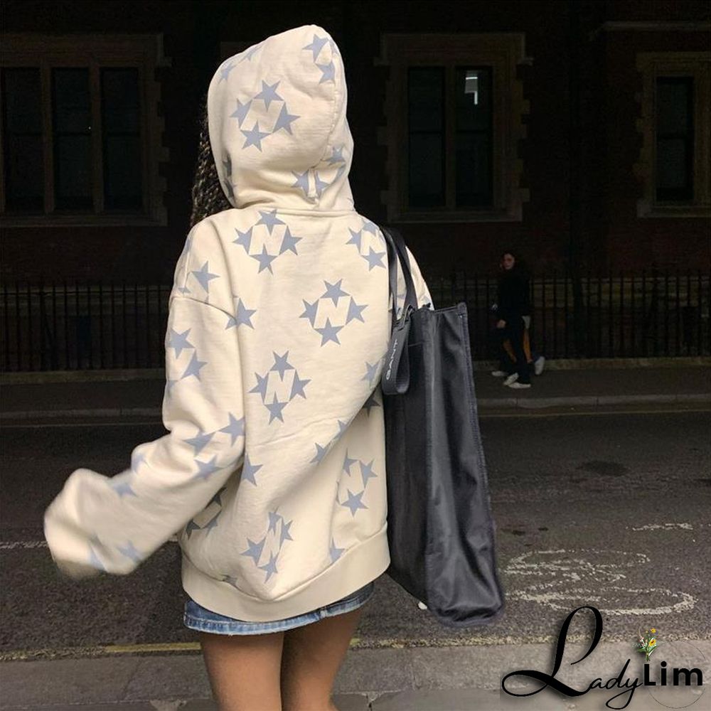 Women Star Print Zip Oversized Hoodies Jacket