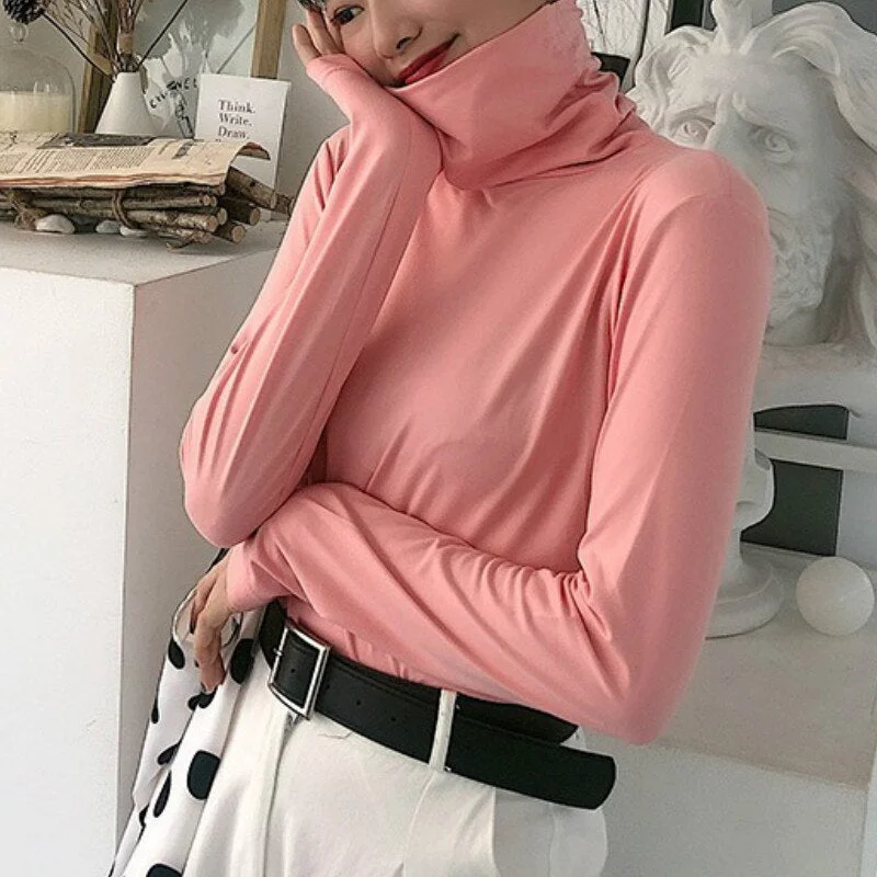 T-shirts Womens Turtleneck Solid Colorful Large Size 4XL Plus Velvet Long Sleeve Thickening All-match Harajuku Soft Simple Femme