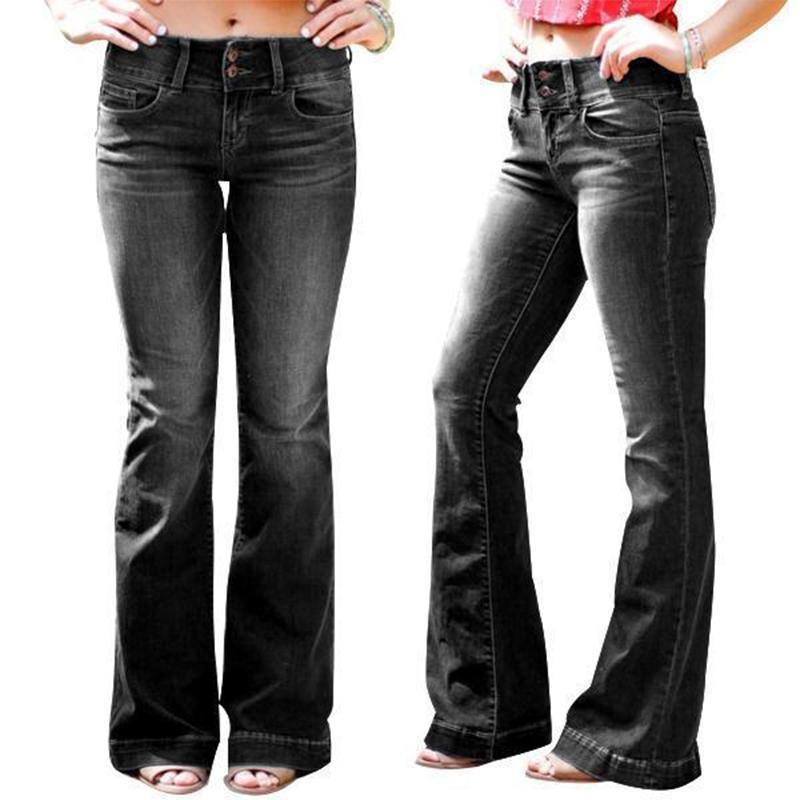 Mid Waist Casual Button Bell-bottom Jeans | 168DEAL