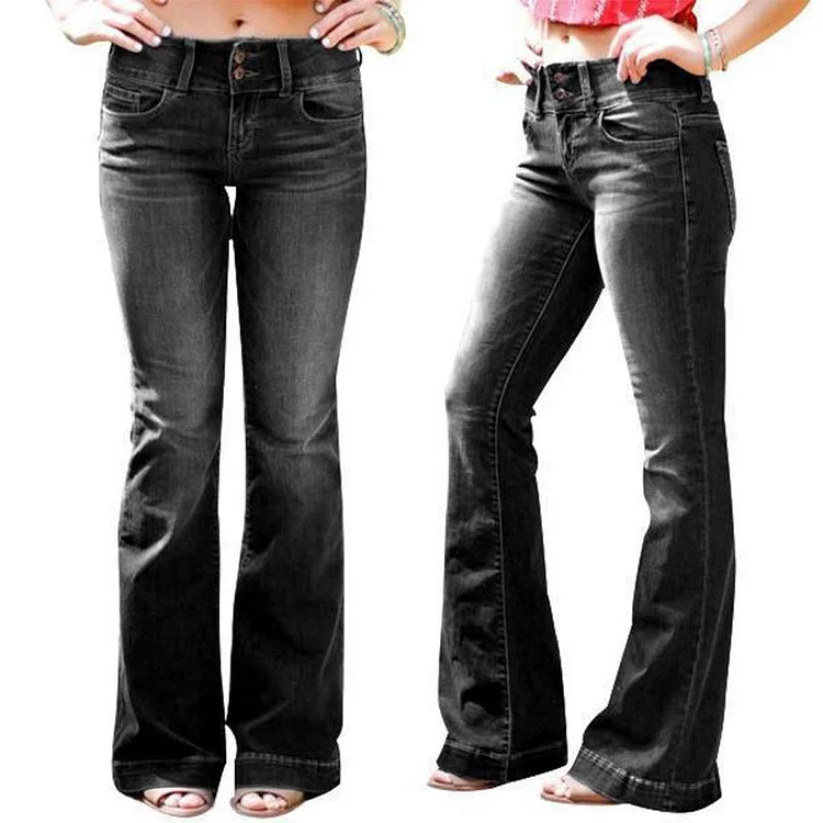 Mid Waist Casual Button Bell-bottom Jeans | 168DEAL