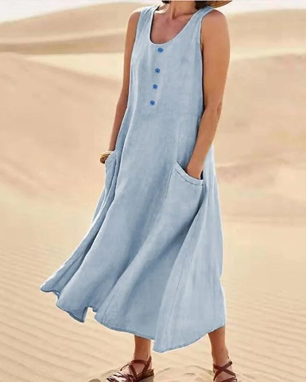 Women's Sleeveless Button Cotton Linen Dress