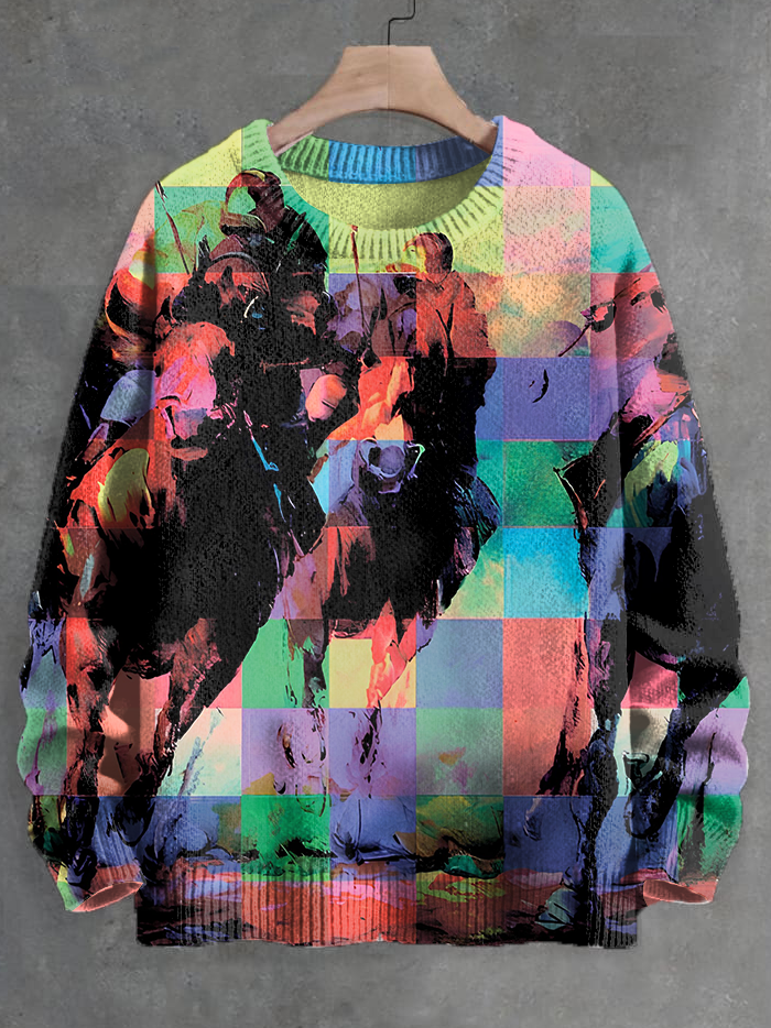 Men's Abstract Funny Horse Splicing Art Print Knit Sweatshirt
