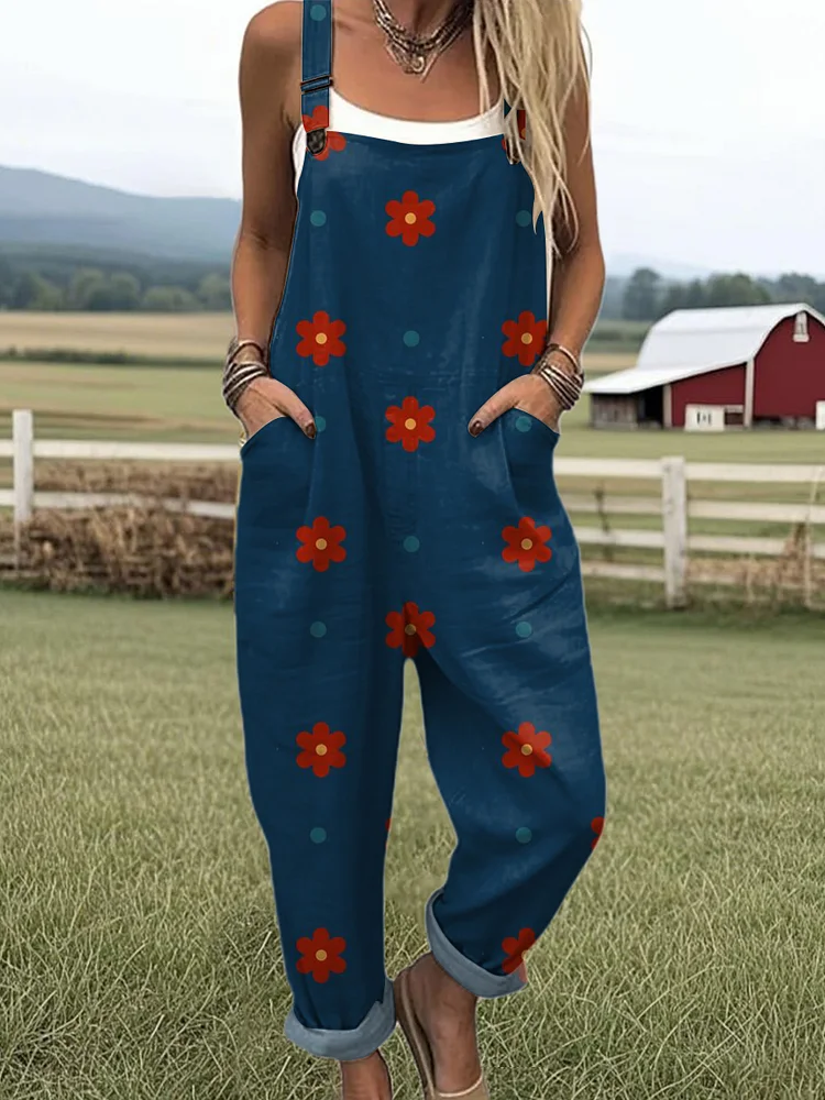Women's Valentine's Day Floral Art Print Casual 100% Cotton Wide Leg Jumpsuit socialshop