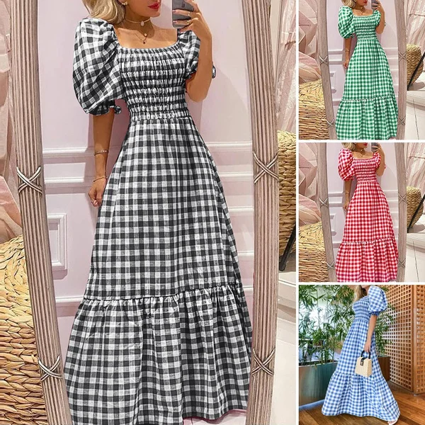 Women Puff Sleeve Square Neck Vintage Checked Plaid Maxi Dress Holiday Party Prom Dresses Kleid Plus Size