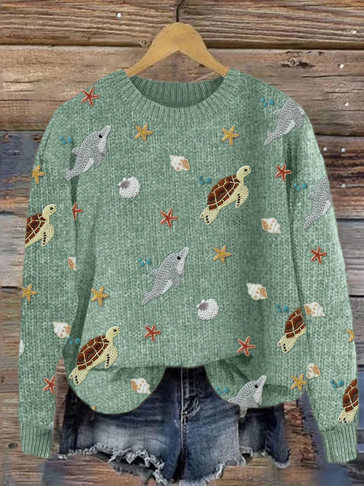 VChics Sea Turtles & Dolphins Ocean Embroidery Pattern Cozy Sweater