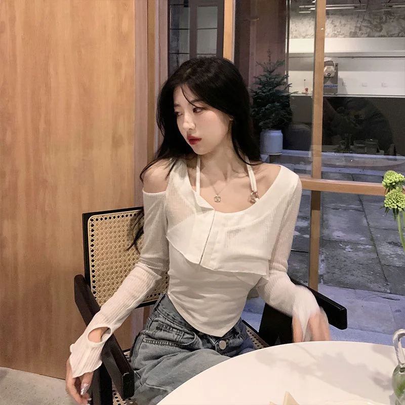 huibahe Neck Hanger Strap Tops Korean Long Sleeve Cardigan Two Piece Set for Women Early Autumn Thin Design Short Top Suit