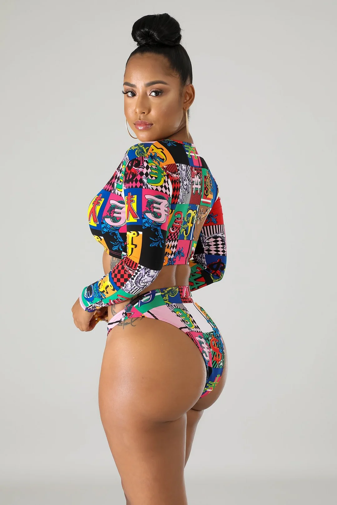 Uveng Uveng New Long Sleeve Zip Bikini High-Waisted Women's Split Swimsuit Conservative Sunscreen Beach Swimsuit