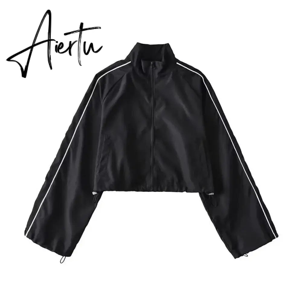 White Black Sports Tracksuits Set Women Windbreak Fast Dry Cropped Zip Up Jackets Coat Top Wide Leg Baggy Pants Trousers Aiertu