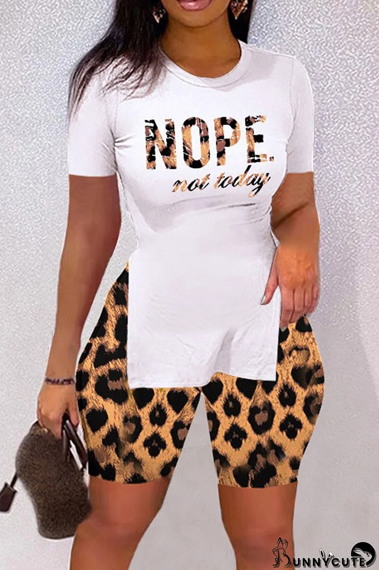 Leopard Print Fashion Casual Print Slit O Neck Short Sleeve Two Pieces