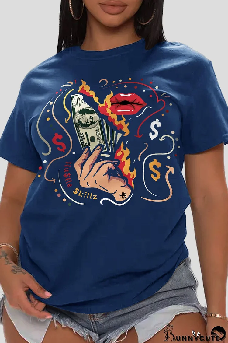 Navy Blue Fashion Casual Lips Printed Patchwork O Neck T-Shirts