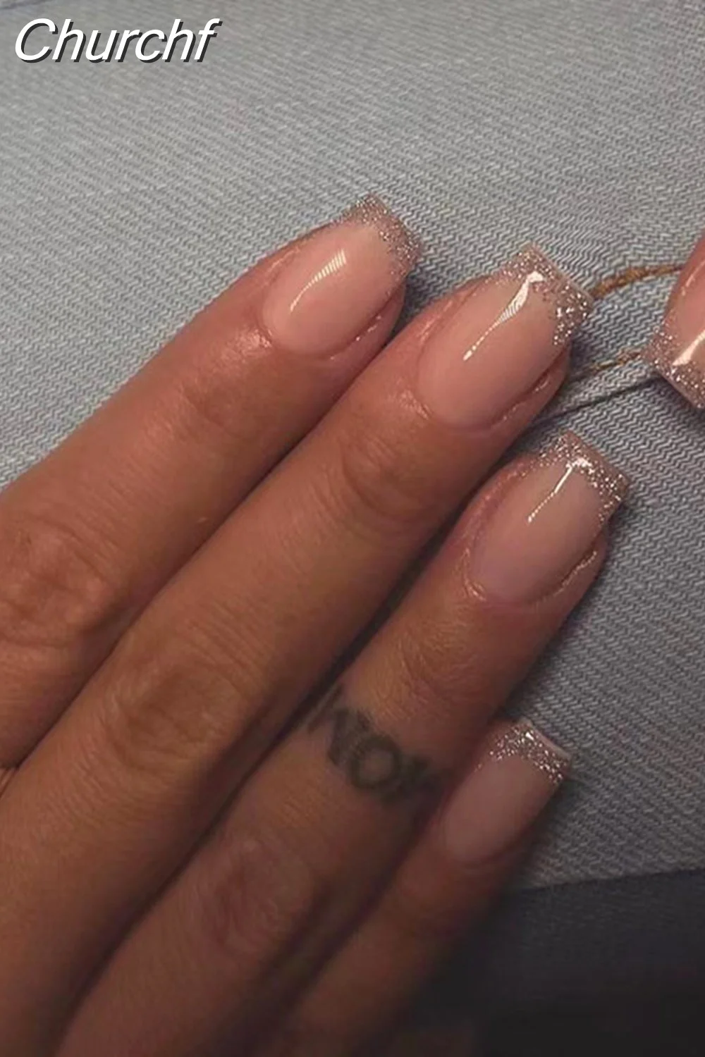 Churchf French White Side False Nails Wearable Rhinestone Desgin Fake Nails Short Simple Nail Full Cover Nail Tips Press On Nails-Nail Inspo