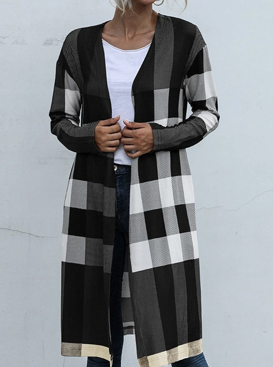 Casual Plaid Stitching Buttonless Long-Sleeved Cardigan
