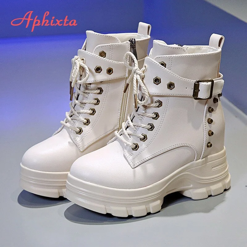 Aphixta 2020 New Platform Boots Women Buckle Rivets Zipper Waterproof Lace-up Height Increasing Boots Thick Warm Shoes Woman