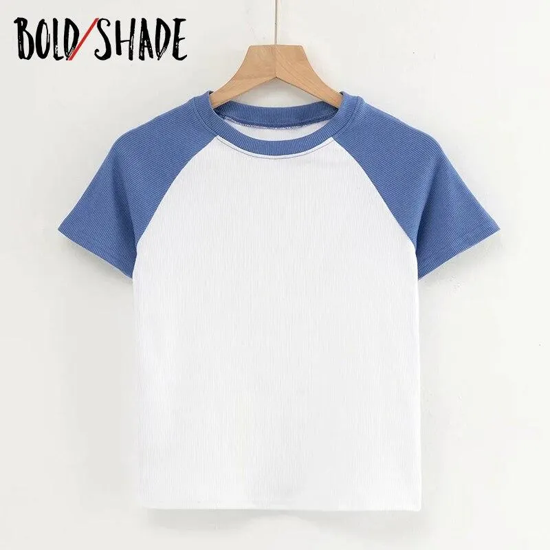 Bold Shade Grunge Street Style Vintage Tees Colorblocking Solid Crop T-shirts Indie Women Skater Fashion Slim Tshirt Basic 2021