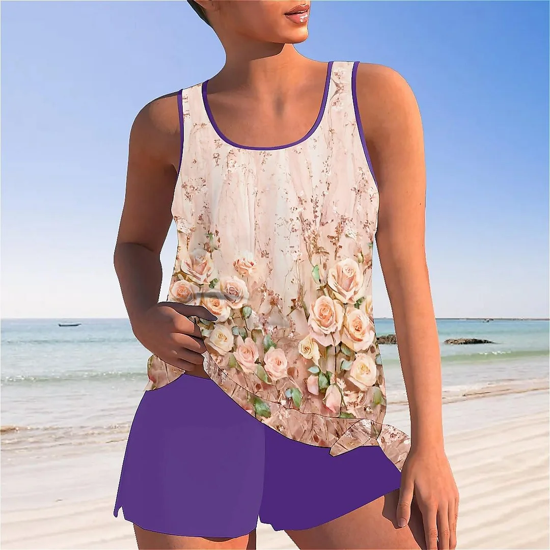 Bowknot Floral,Glitter,Pink Mid Waisted Tankini Set - Plus Size Available