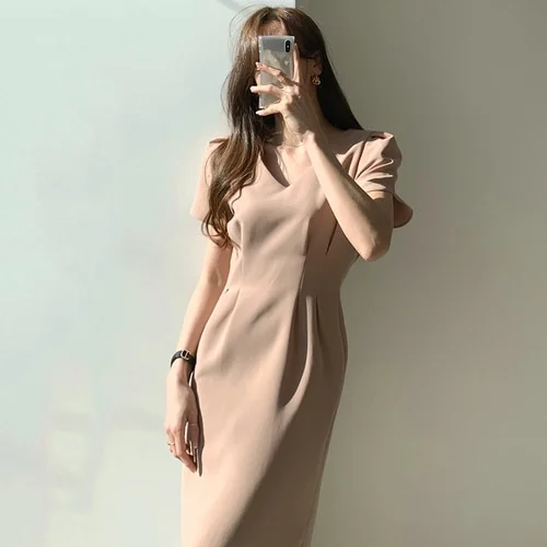 Wongn Korean Chic Women Dress Short Sleeve Casual V-Neck Elegant Office Lady Dresses 2022 New Slim Waist Robe Vestidos Mujer