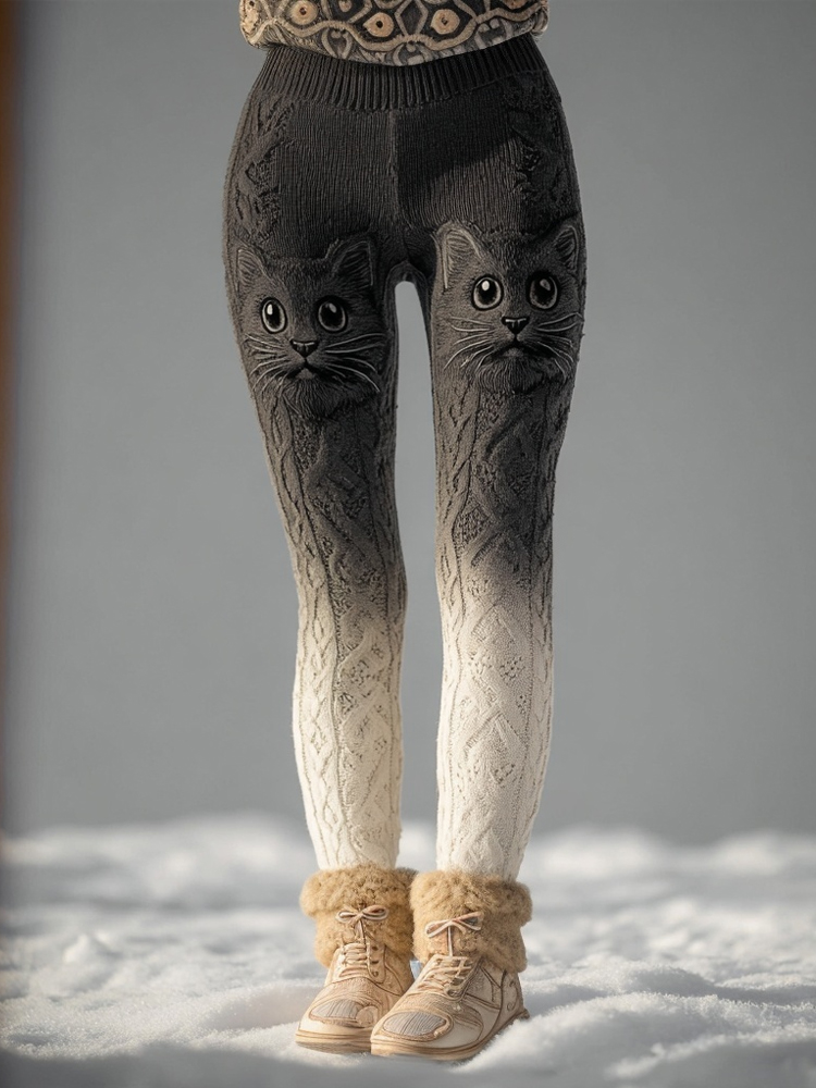 Lovely Cats Embroidered Gradient Cozy Knit Leggings elevenforest