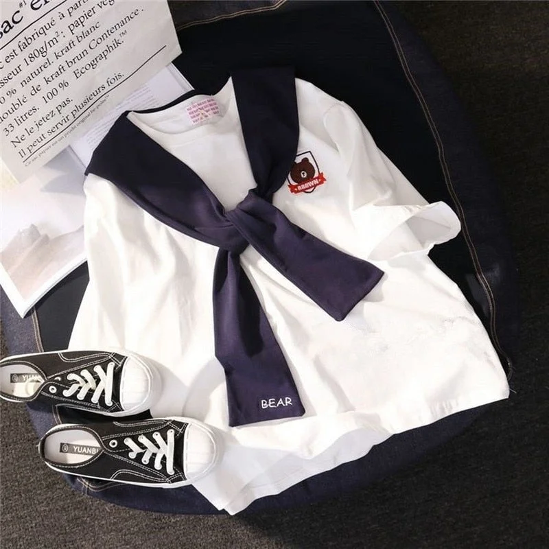 harajuku short-sleeve embroidery women clothes Korean tops t-shirt new summer bf sailor collar student oversized sweet t shirt