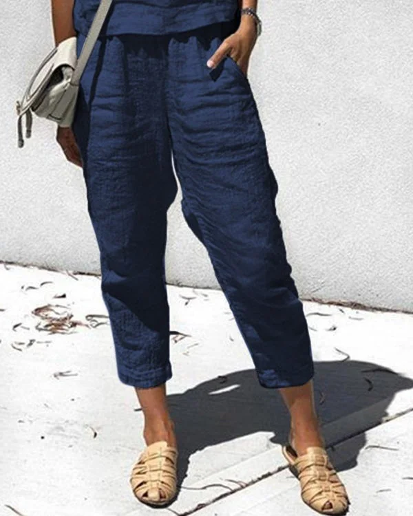 Summer Navy Blue Casual Pants with Pockets