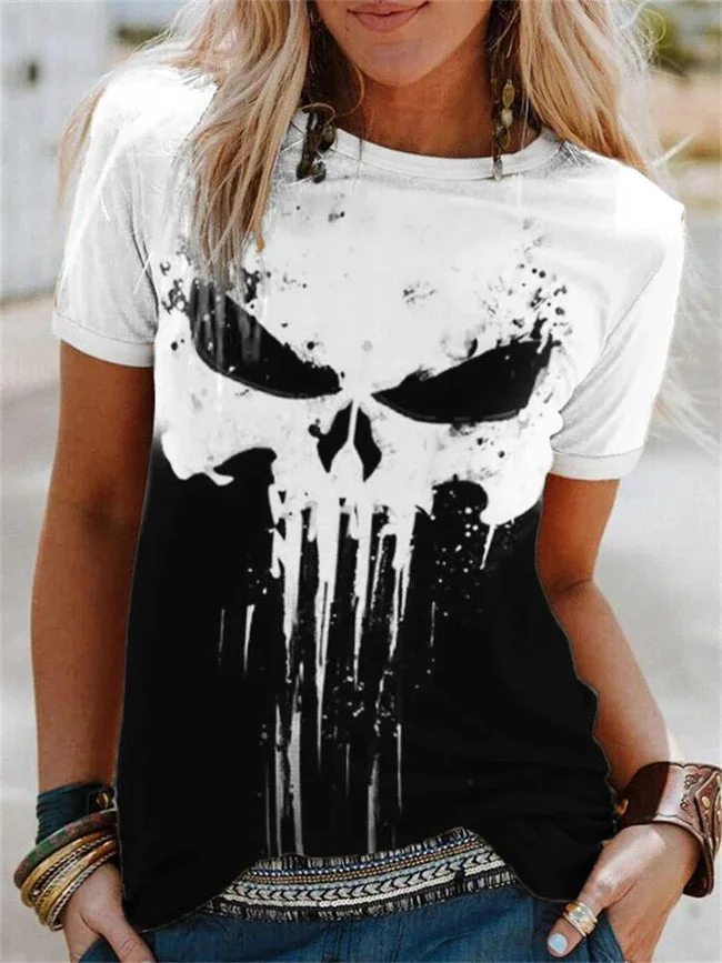 Skeleton Graffiti Contrast Round Neck T-shirt