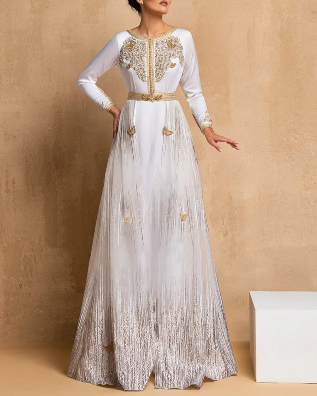 Beaded-panel embroidered mesh dress