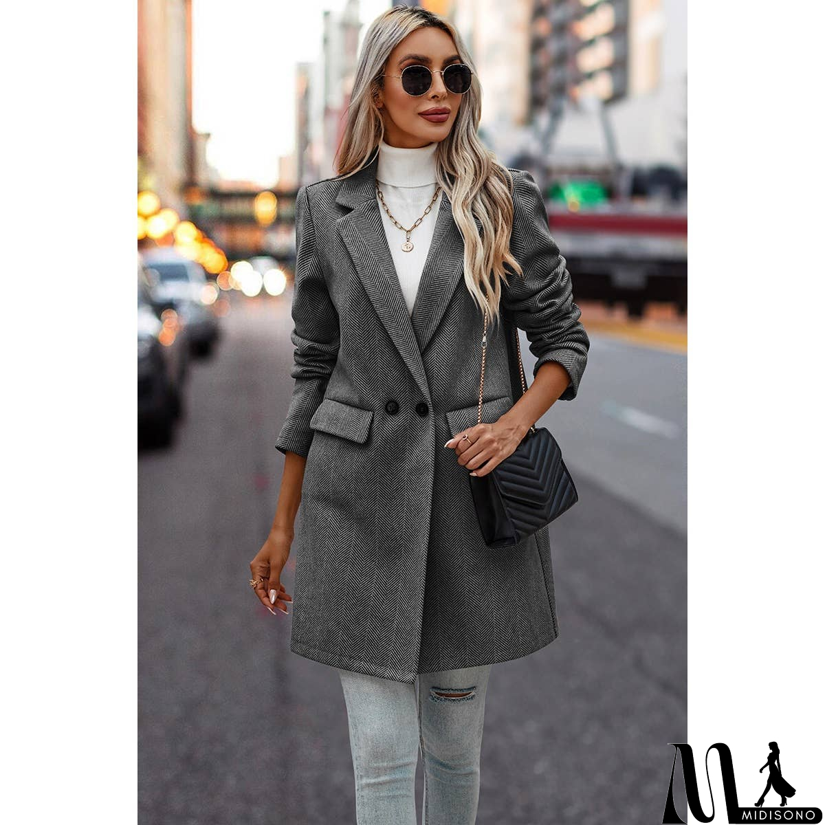 MidiSono - Button Front Open Solid Pockets Fit Blazer