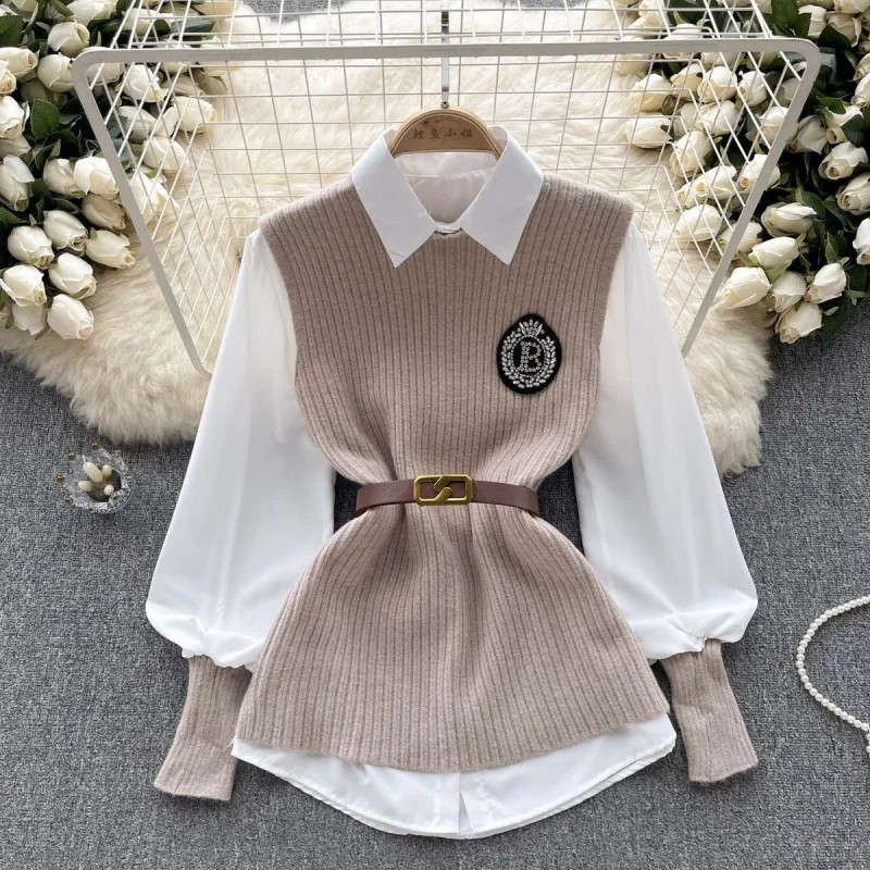 Zingj Zingj Style Advanced Sense Light Luxury Socialite Suit Female Autumn And Winter Pure Color Loose Long-Sleeved Shirt Sleeveless Knit Vest