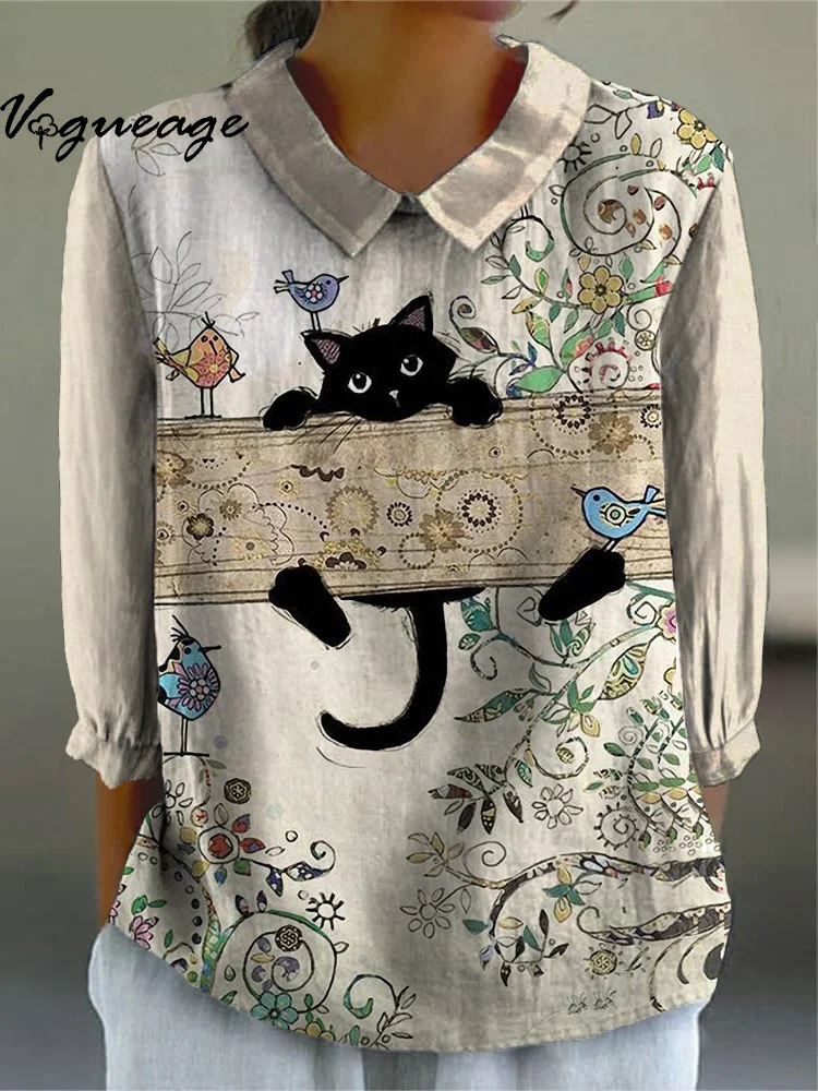 Cute And Funny Cats Birds And Plants Printed Cotton And Linen Shirt