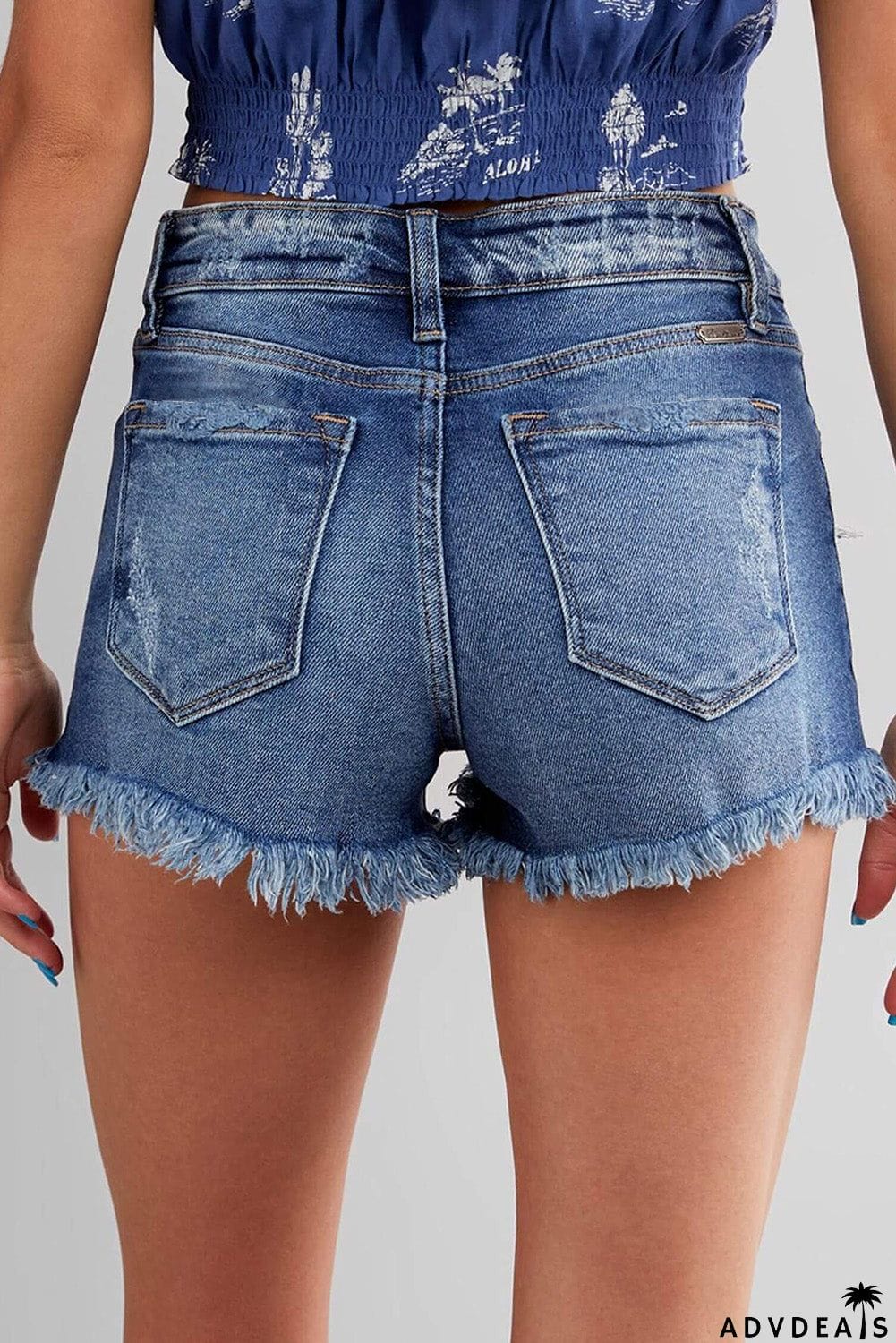 Frayed Hem Mid Waist Denim Shorts