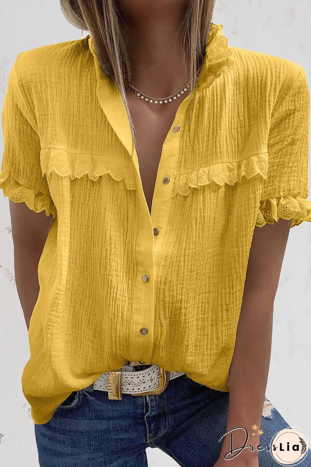Scalloped Lace Trim Short Sleeve Shirt