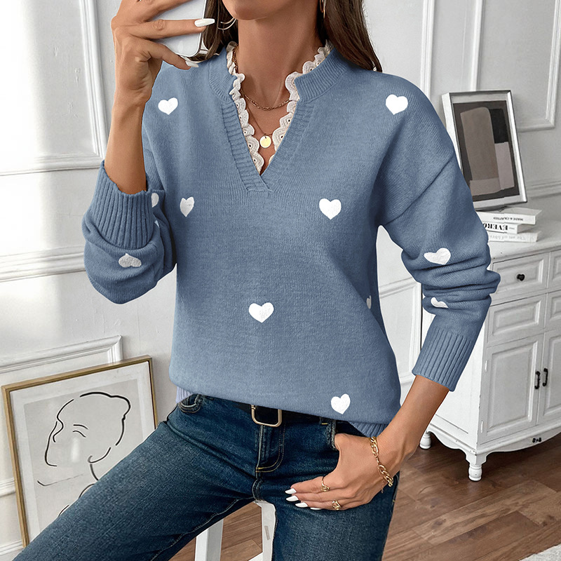 Women's Heart Print Sweater Lace Trim V Neck Casual Knit Top