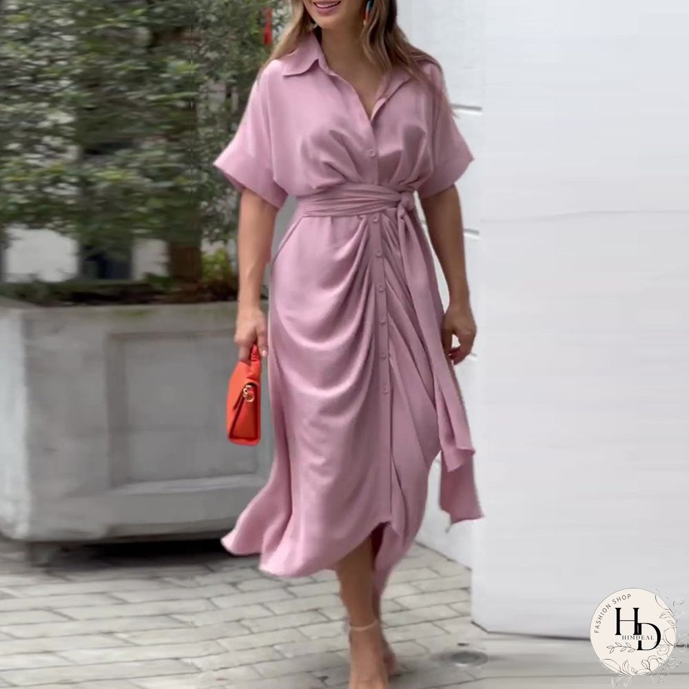 Lapel Mid Length Short Sleeve Single Breasted High Waist Shirt Dress