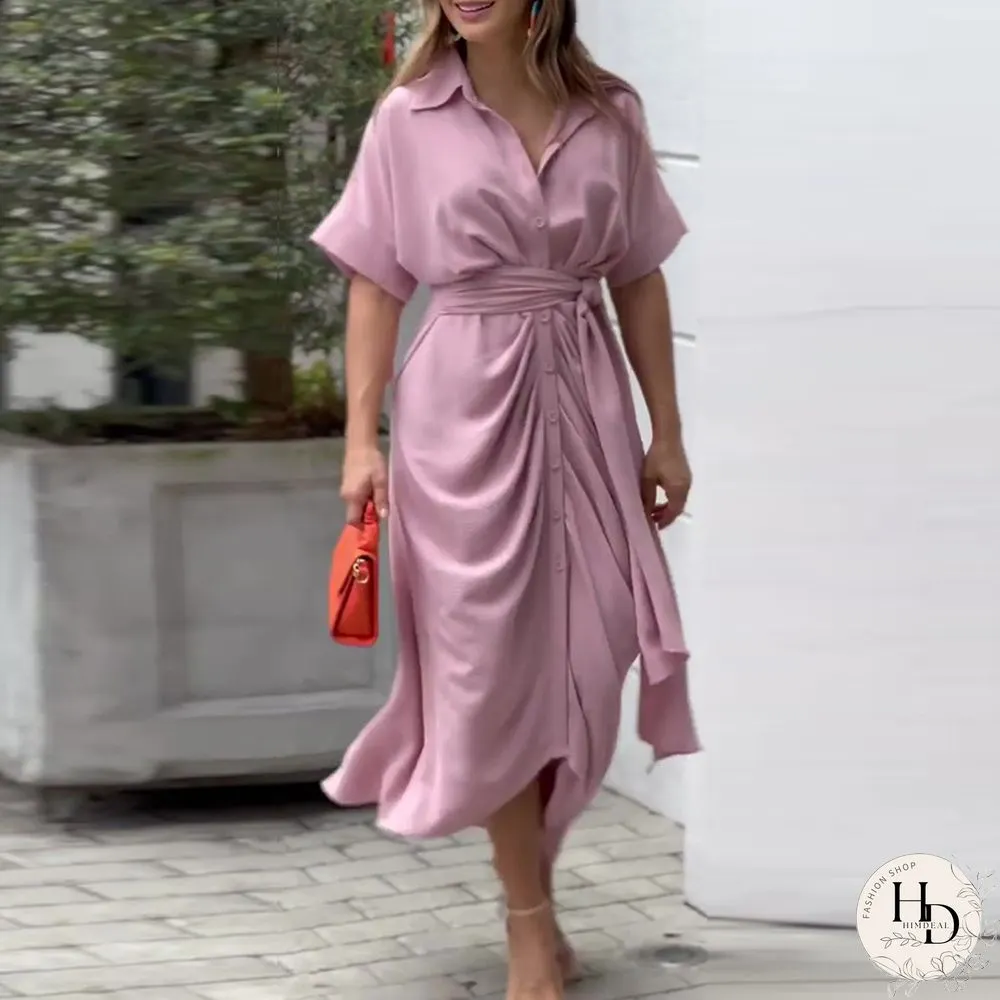 Lapel Mid Length Short Sleeve Single Breasted High Waist Shirt Dress
