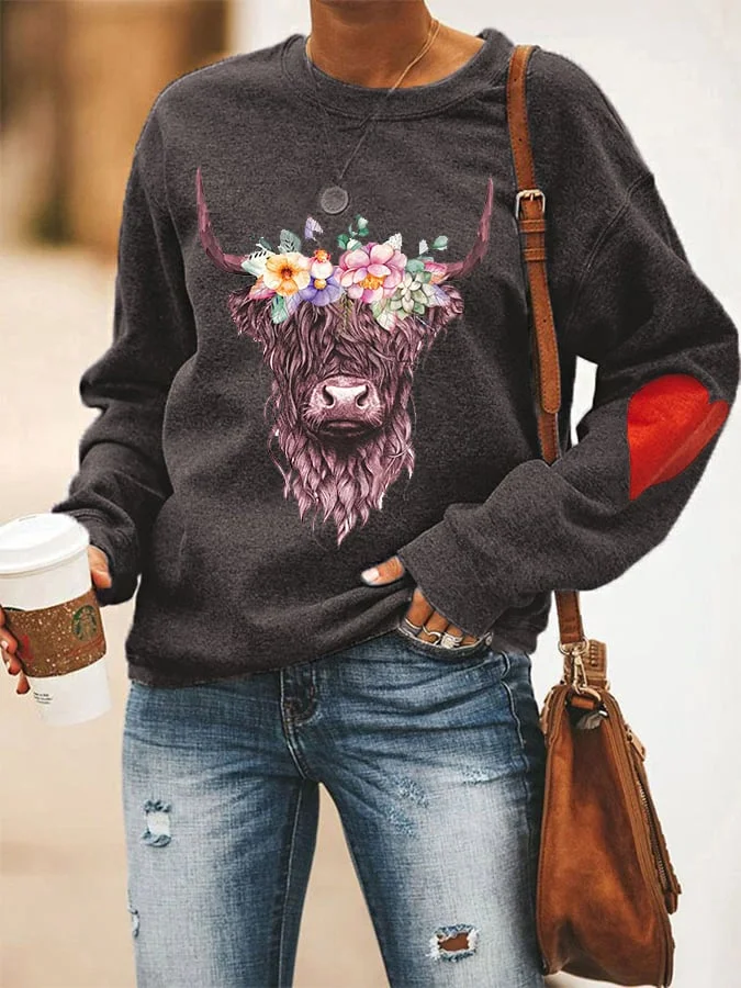 Women's Floral Highland Cow Casual Sweatshirt socialshop